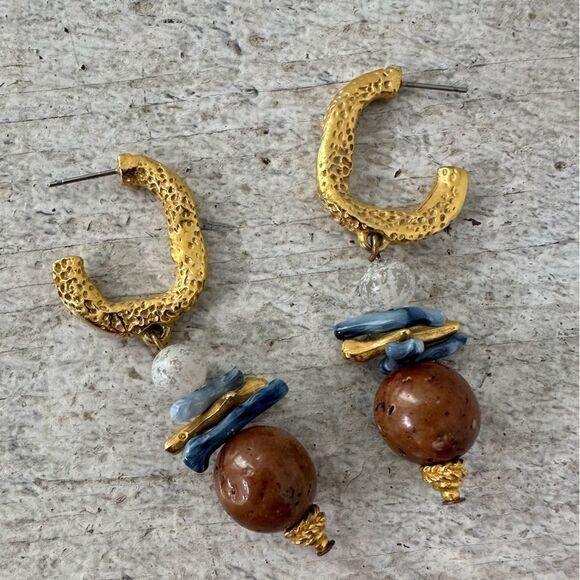 Vintage 80s Hammered Gold Tone With Stacked Dangle Earrings - Picture 1 of 6